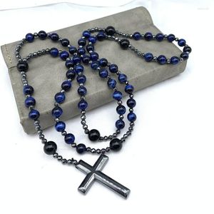 Choker Natural Blue Tiger Eye Hematite Kamienne koraliki Naszyjnik dla mężczyzn Katolicki Chrystus Rosary Cross Wisiant