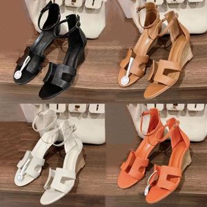 summer barefoot height luxury designer shoe Thick Bottom High Heels Sandals Genuine Leather Solid Color FashionHemp Fashion Sandals size35-41with box