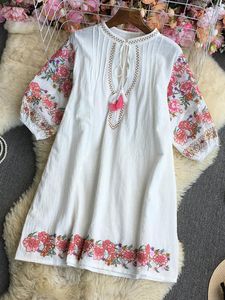 Casual Dresses Women Summer Dress Ethnic Style Gentle Loose And Elegant Slim V-neck Retro Embroidered Mid-length D1834