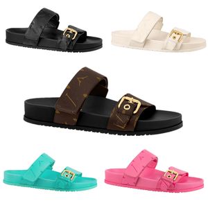 Designer Damen Slide Bom Dia Comfort Flache Sandalen Luxuriöse hochwertige Lack-Canvas-Leder-Alterungsdruck-Verschluss-Hausschuhe