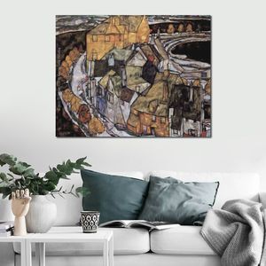 Abstraktes Landschaftsgemälde The House Bend oder Island City Egon Schiele Leinwandkunst Handgefertigtes impressionistisches Kunstwerk