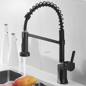 Torneiras de cozinha Deck Mounted Black Spring Pull Out Pia Manípulo único e água fria com rotação de 360° Pulverizador Torneiras misturadoras