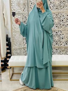 Etniska kläder Ramadan 2 bit Jilbab Long Khimar Set Abaya Muslimska kvinnor Bönplagg Dubai Saudi Bönklänning 2 bit kjoluppsättningar Eid Niqab 230616