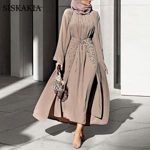 Etnik Giyim Moda Orta Doğu Dubai Müslüman Üç Parça Takım Set Katı Uzun Kollu Elbise Boncuklu Etek Kimono Abaya İslami Kadınlar