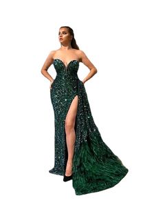Green Mermaid Evening Dresses Strapless Beads Sequins Feather Tulle Prom Dress Floor Length Special Occasion Dresses