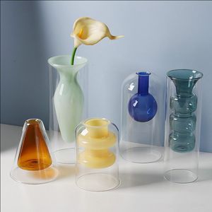 Vaser dubbel glas vas heminredningsrum modern bröllop dekoration tillbehör hydroponic växt container skrivbord hantverk 230615