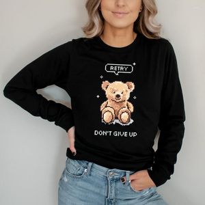 Women's T Shirts Solid Basic Long Sleeve Women Casual T-Shirt Mosaic Teddy Bear Black White Fashion Tee Crop Top Women's Korean