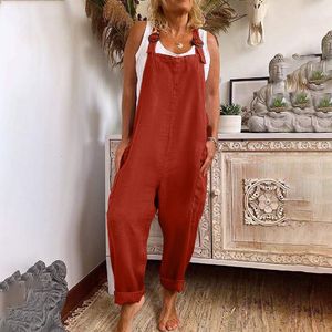 Kvinnors jumpsuits rompers stor storlek linne kvinnor jumpsuits casual vintage fast färg ärmlösa justerbara remmar lösa jumpsuit bib overalls 230615