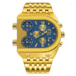 Armbanduhren 2023 Herren Quarzuhren Top Goldene Uhr 3 Zeitzonen Datum Edelstahlarmband Militärische Oversize-Armbanduhr