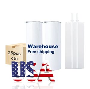 /CA US Warehouse 20oz Straight Sublimation Tumblers with Straw and Lids 304 Stainless Steel Water Bottles Double Insulated Blank Mugs