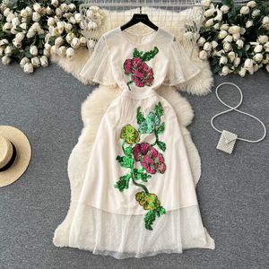 Kentsel Seksi Elbiseler Vintage Glitter Pullar Çiçek Nakış Zarif Elbise Mesh Aline Kısa Kollu Kısa Bel Kadın Yaz Vestidos 230615