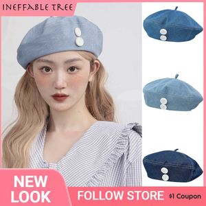 Berets Y2K Japanese Button Decoration Denim Beret Cap Spring Summer Retro British Temperament Trend Painter Hat Women Caps Gorras Z0616