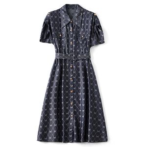 2023 Summer Blue Plaid Dress Short Sleeve Lapel Neck Sequins Kne-Length Casual Dresses W3L041509