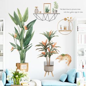 Nordic style Green Leaf Pot Wall Stickers Living room Bedroom Kids rooms Wall Decor Cute Cat Wall Decals Vinyl PVC Home Decor