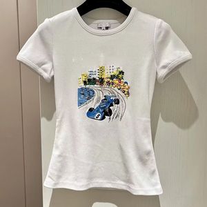 Fashion Designer T-shirts for Women with Car Pattern Summer White Tops 22951