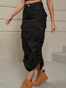 Skirts Women Cargo Denim Maxi Skirt High Waist Side Drawstring Long A Line Ruched Bodycon Midi With Pocket (Brown XXL)