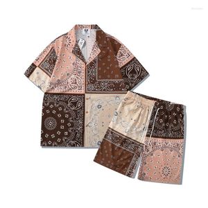 Men's Casual Shirts 2023 Streetwear Mens Ethnic Paisley Print Patchwork Short Sleeve Shirt And Shorts Set Fashion Preppy Summer Outfits