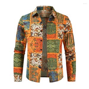 Herren Freizeithemden Vintage Blumen 3D-Druck Männer Hawaiian Button Up Kleid Slim Fit Langarm Bluse Strand Streetwear Kleidung