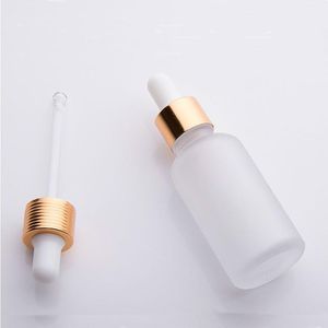 Toptan 30ml Buzlu Cam Damla Şişe Boş Uçucu Yağ Şişeleri Serum Altın Şerit Siyah Kapağı XFJAA