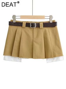Skirts DEAT 2023 Spring fashion women low waist with belt clothes two pieces pleated mini skirt female short WY57604L 230616