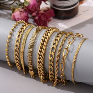Chain 9pcs/lot Stainless Steel Bracelet Set Men Women Gold/silver Color Fashion Cuban Link Adjustable for Gifts 230616