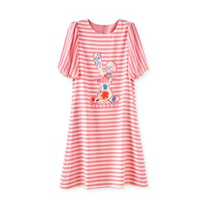 2023 여름 핑크 스트라이프 프린트 드레스 짧은 소매 둥근 목 무릎 길이 캐주얼 드레스 W3L042102