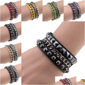 Charm armband fyrkantig nit pu läder armband armband manschett wrap armband punk gotisk snap knapp mtilayer hip hop mode drop de dh3qx