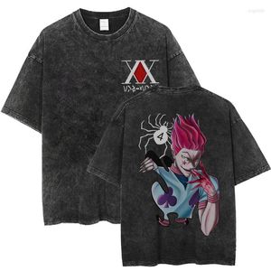 Men's T-shirts x Hisoka Anime Tees Harajuku Streetwear Washed T-shirt HXH Killua Hunters Tshirt Kort ärm Bomull