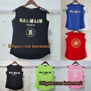 Damen-T-Shirts, Baumwoll-Crop-Top-T-Shirts, bedruckt, ärmelloses Oberteil, Schulterknopfdekoration, Sommer-Rundhalsweste, T-Shirts, Designer-Kleidung, Damen-Streetwear-Tanktop