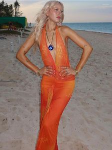 Günlük Elbiseler Kadın Giyim Tatil Plajı Kadınlar İçin 2023 Yaz Yuları Derin V Yağ Backless Bandage Fırıltılar Baskı Yılı Uzun Elbise