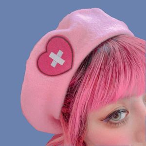 Berets Berets Y2K Rosa Menina Beret Japonês Bonito Harajuku Hot Girl Doce Coração Amor Cruz Lã Bordado Kawaii Mulheres Chapéu Lolita Acessórios Z0613