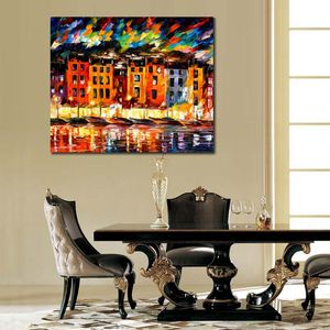 Contemporary Canvas Art Living Room Decor Portofino Liguria Italy Hand Painted Oil Painting Landscape Vibrant