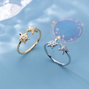 Women Band Rings Retro Vintage Cute Turtle and Sea Star Ring Simple Zircon Ring for Girl Birthday Gift