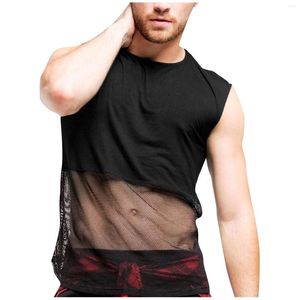 Camisetas masculinas 2023 verão Europa e Estados Unidos masculina com decote em U sem mangas cor sólida camiseta de trabalho com palavras grade transparente transparente