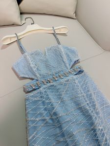 2023 Summer Blue Solid Color Beaded Tulle Dress Spaghetti Strap Square Neck Rhinestone Midi Casual Dresses J3L122-528