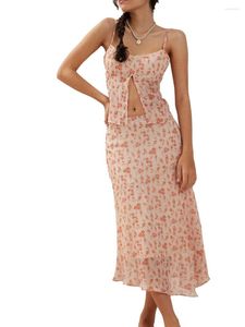 Saias Femininas 2 Peças Maxi Conjunto de Saia Espaguete Alça Esparguete Dividida Backless Crop Tops Florais Longos Roupas de Verão (Rosa S)