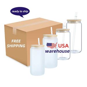 USA CA Warehouse 16oz sublimeringsglasmuggar Blanks Frosted Clear Beer Can Tumbler Mason Jar Cups With Plastic Straw 4.23