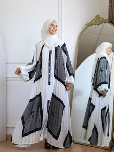 Ethnic Clothing Muslim Women Dubai Abaya Printed Long Dress Pleated Balloon Sleeve Loose Casual Robe Femme Shirt Dresses Islam