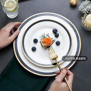 Plates Black Gold Rim Ceramic Plate European Modern Western Serving Tray Fruit Salad Dishes Steak Pasta Dinner Home Tableware
