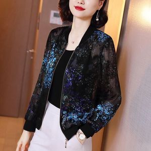 Kurtki damskie duże szyfonowe nadruk z długim rękawem Kobiet Summer Thin Plat Ochrona przeciwsłoneczna Baseball Mundur Korean Fashion Cardigan 230615