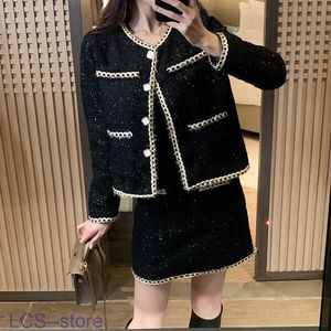 Zweiteiliges Kleid 2021 Schwarz eine Linie Herbst Damen Zweiteilige Sets Elegante Mode Tweed Einreiher Jacke Mantel + Hohe Taille Minirock Anzug Damen