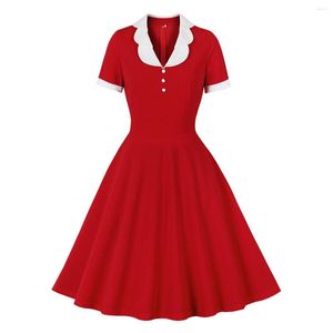 Vestidos de festa Gola contrastante e botões frontais vermelho anos 50 manga curta roupas de verão vestido balanço feminino elegante VD2947