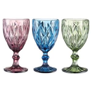 Taças de vinho 10 onças Taça de vidro colorido com haste 300 ml Vintage padrão em relevo Romântico Drinkware para festa de casamento FY5509 0616