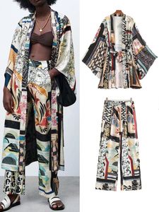 Women's Two Piece Pants 2pcs Women Shirts Trousers Suit Kimono Style Summer Full Printed X-Long Drawstring Blouse Set Female Pants Casual Clothes 230615