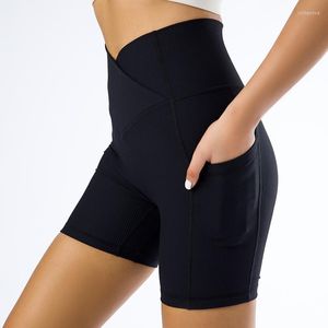 Aktive Hosen Mode Kreuz Taille Thread Sport Fitness Hüfte Heben Hohe Linie Tasche Shorts Laufen Schönheit Yoga Für Frauen