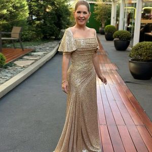 Elegant Sequin Mermaid Mother Of The Bride Dresses Square Neck Short Sleeve Formal Gown Ruched Gold Wedding Guest Dress 326 326