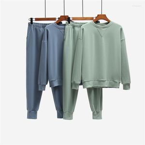 Kvinnors tvåbitar byxor Kvinnor Casual Thicked Suit Autumn Winter Solid Velvet Padded Pullover Sweatpants Set Thermal Long-Sleeved T-shirt