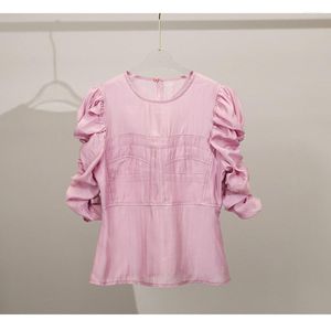 Camisetas femininas 2023 conjunto rosa verão plissado com decote em O manga bufante blusa ou zíper linha A minissaia terno feminino