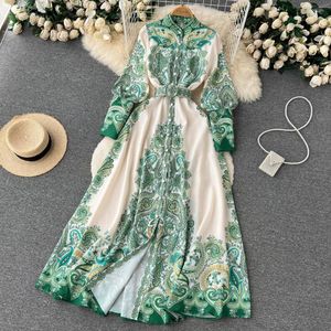 Vestidos casuais moda 2023 verão outono passarela maxi vestido camisa roupas femininas manga comprida lanterna manga única seios estampa floral festa