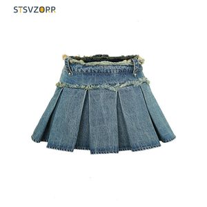 Röcke STSVZORR Denim Kurzrock Sommer Koreanische Version Modische Mädchen Nische Plissee Rohkante 230616